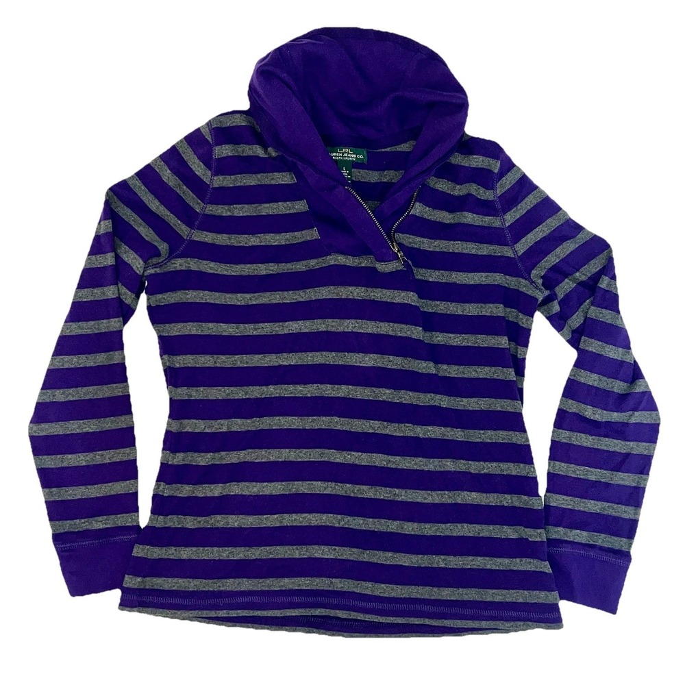 Lauren Ralph Lauren LRL Striped Hoodie Pullover Purple Gray 1/4 Zip Women L
